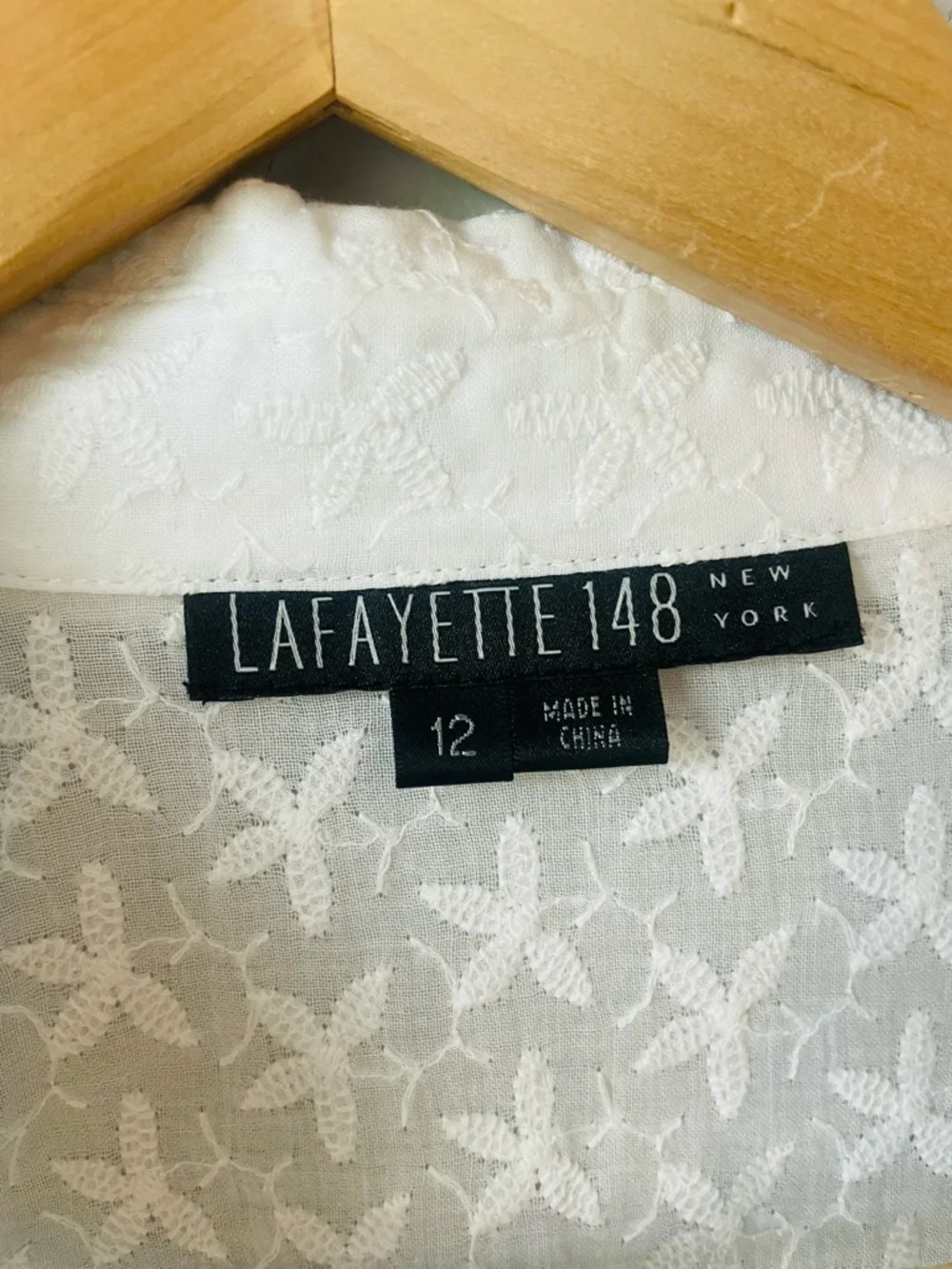 Lafayette 148 New York White Sheer Ruffle Tie-Front Blouse - Picture 7 of 7